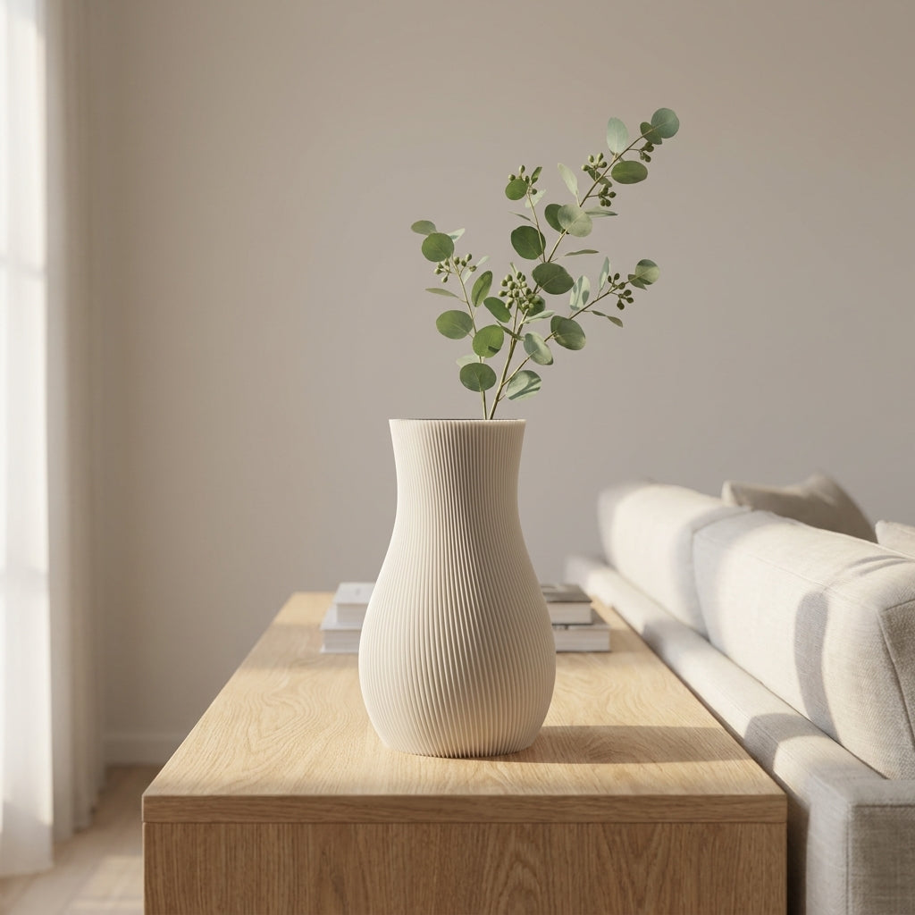 Hvid LUMA-vase med grønne grene i en lys stue