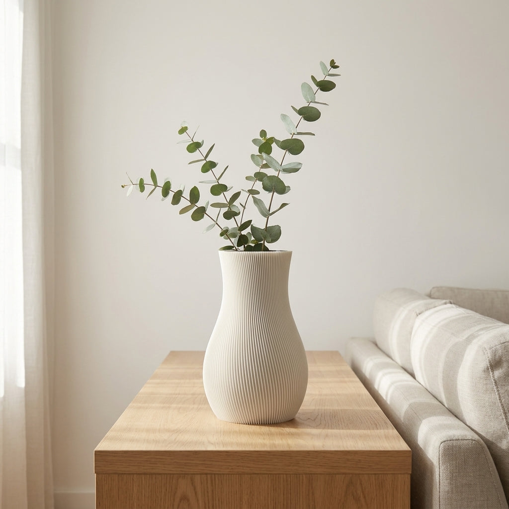 Hvid LUMA-vase med grønne grene på et sidebord ved en sofa