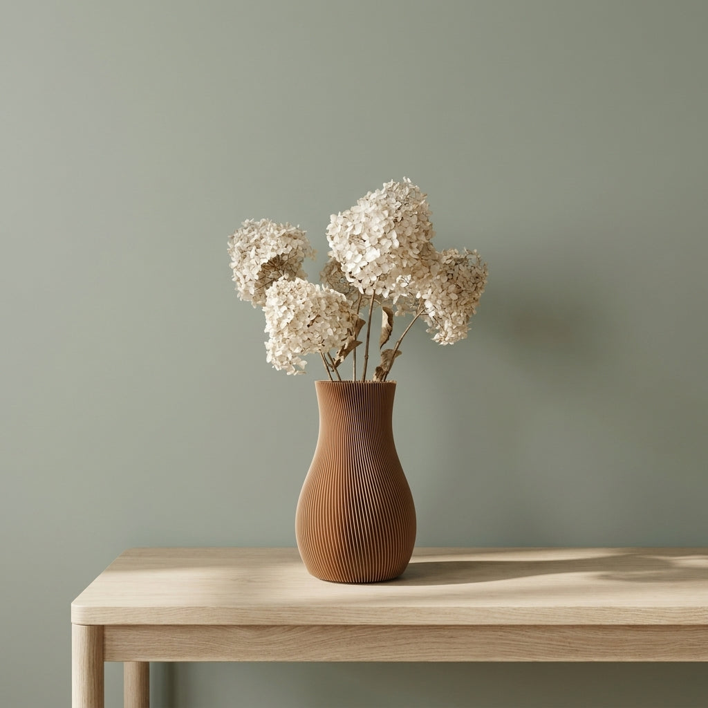 LUMA-vase i bronze med lyse blomster på et træbord