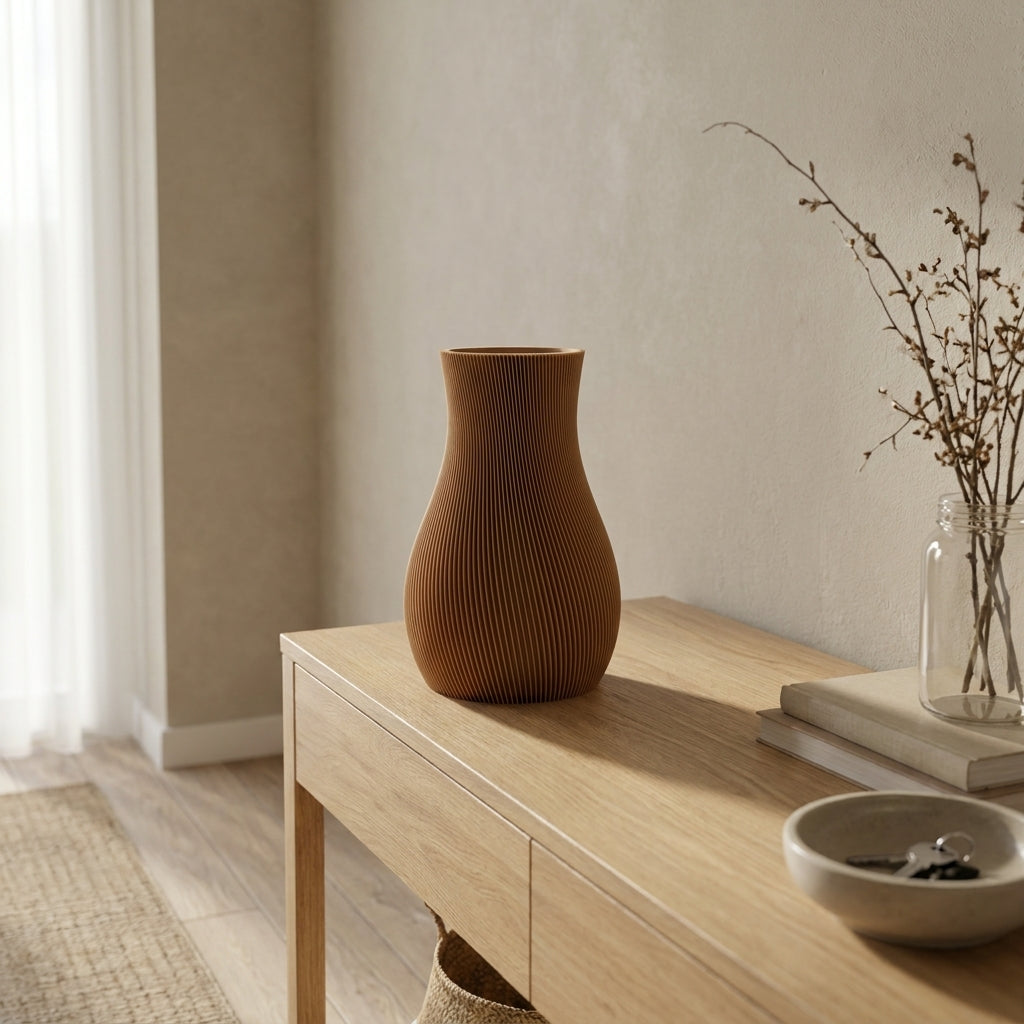 LUMA-vase i bronze uden blomster på en træskænk