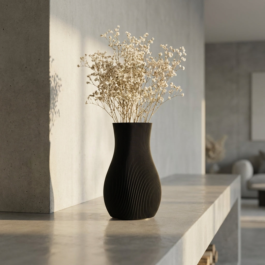 Sort LUMA-vase med lyse tørrede blomster på en stenbordplade